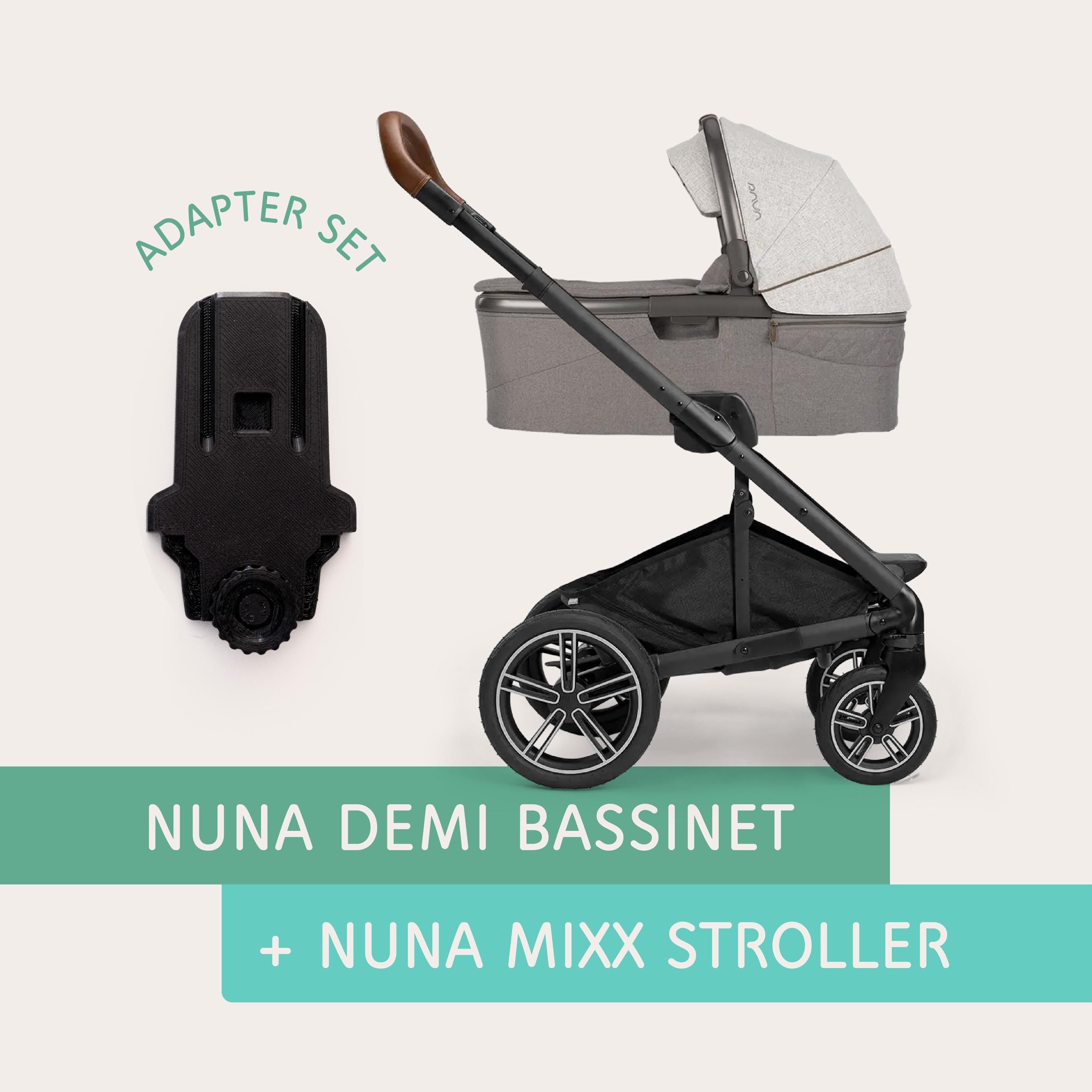 Nuna DEMI bassinet connected to Nuna MIXX stroller using Vamos Baby adapter