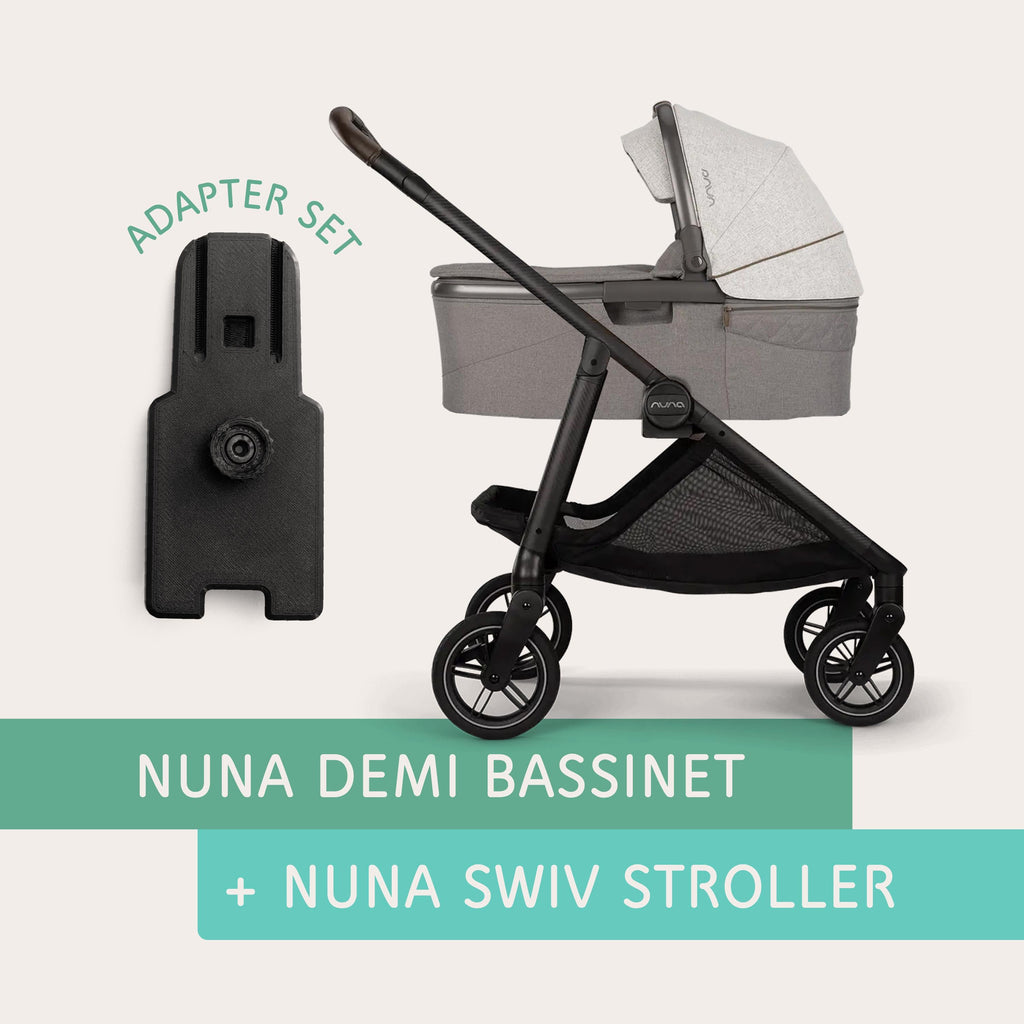 Nuna DEMI bassinet connected to Nuna SWIV stroller using Vamos Baby adapter
