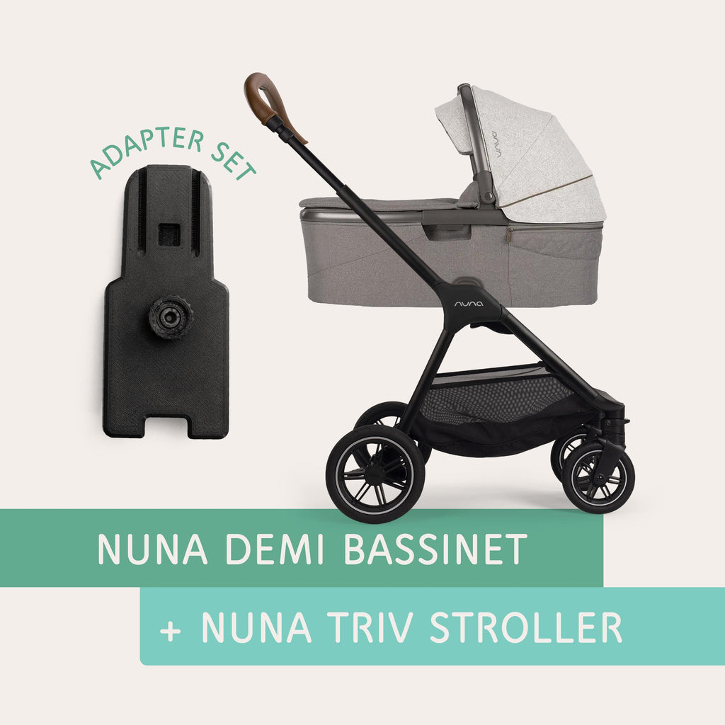 Nuna DEMI bassinet connected to Nuna TRIV stroller using Vamos Baby adapter