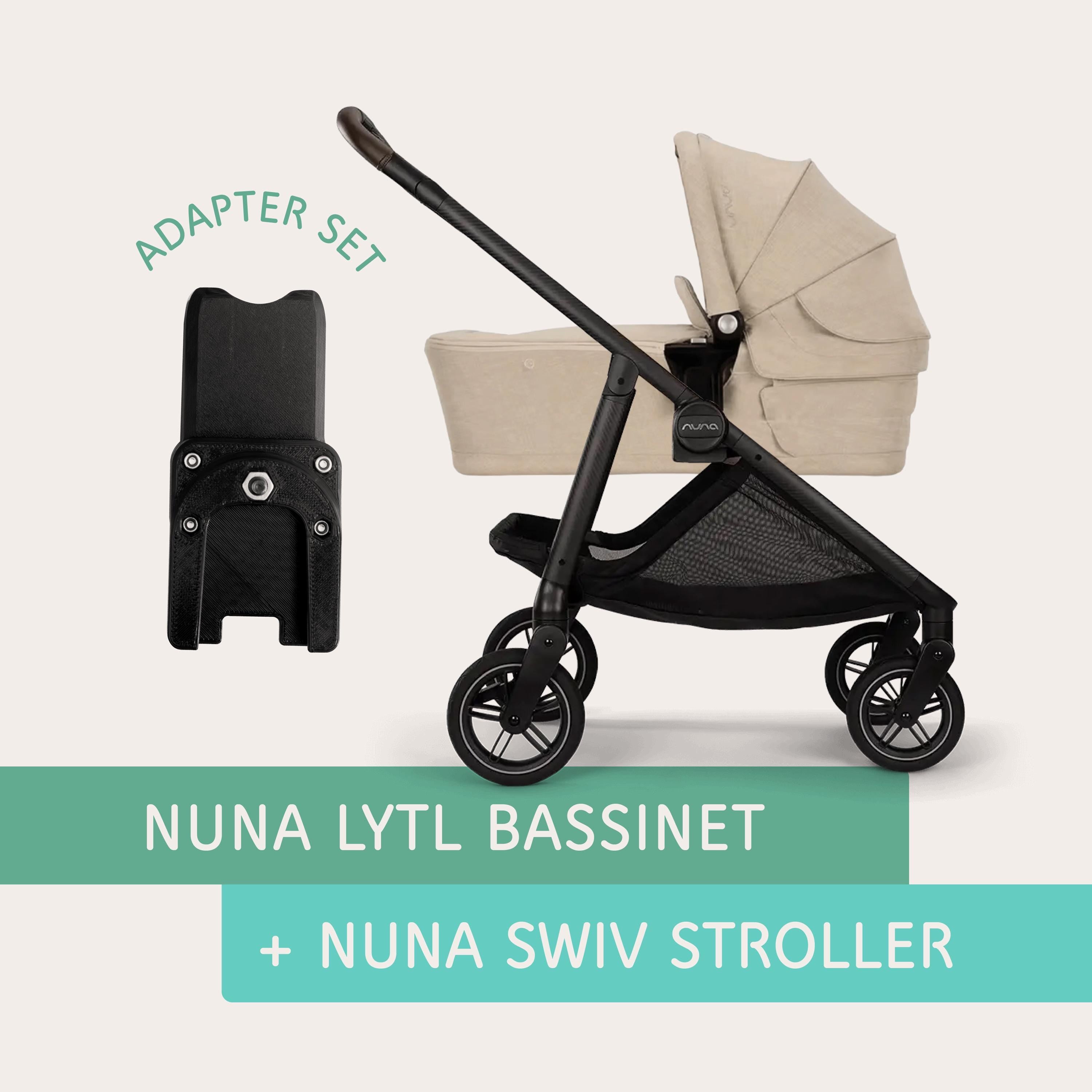 Nuna LYTL bassinet connected to Nuna SWIV stroller using Vamos Baby adapter
