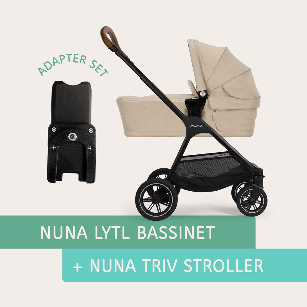 Nuna LYTL bassinet connected to Nuna TRIV stroller using Vamos Baby adapter