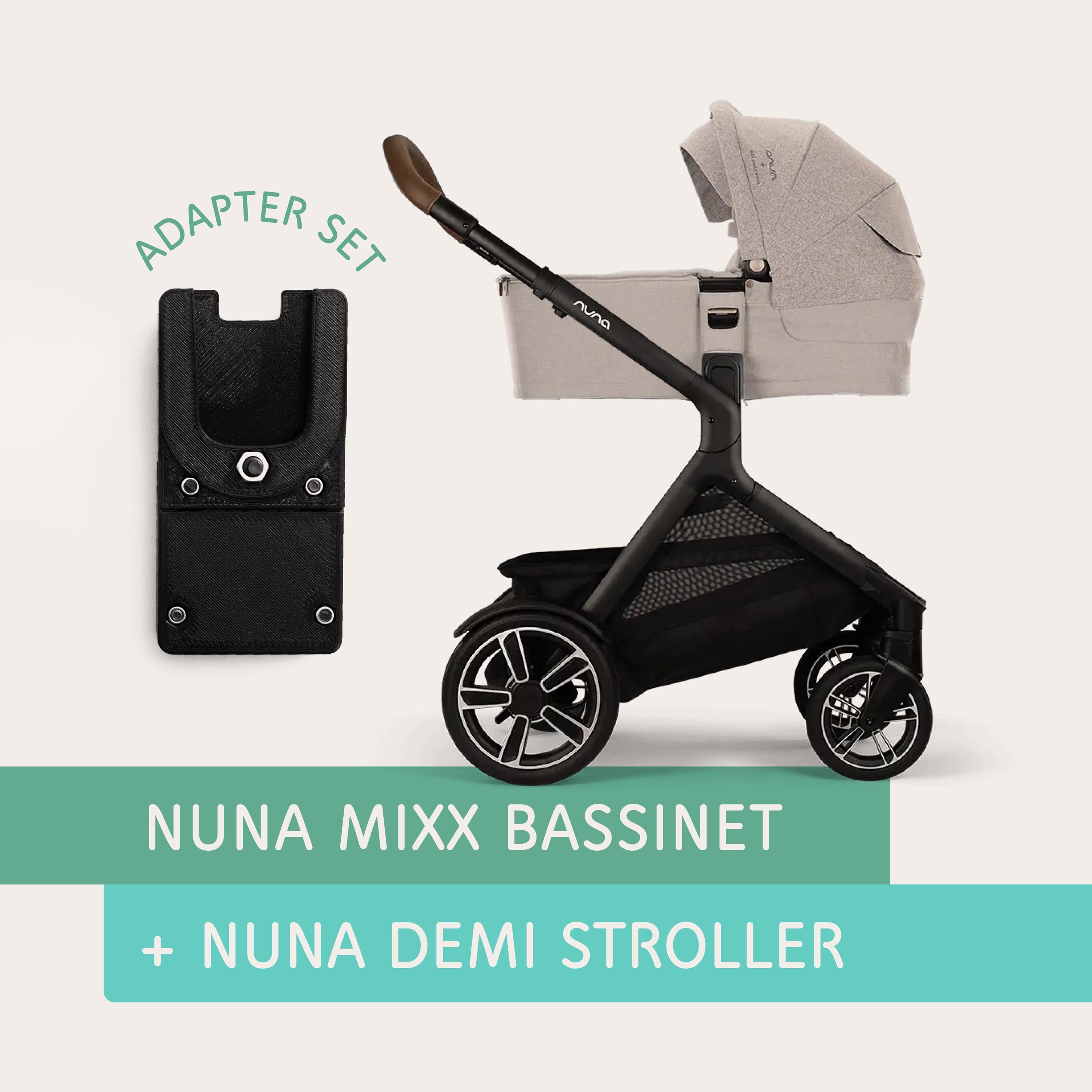 Nuna MIXX bassinet connected to Nuna DEMI stroller using Vamos Baby adapter