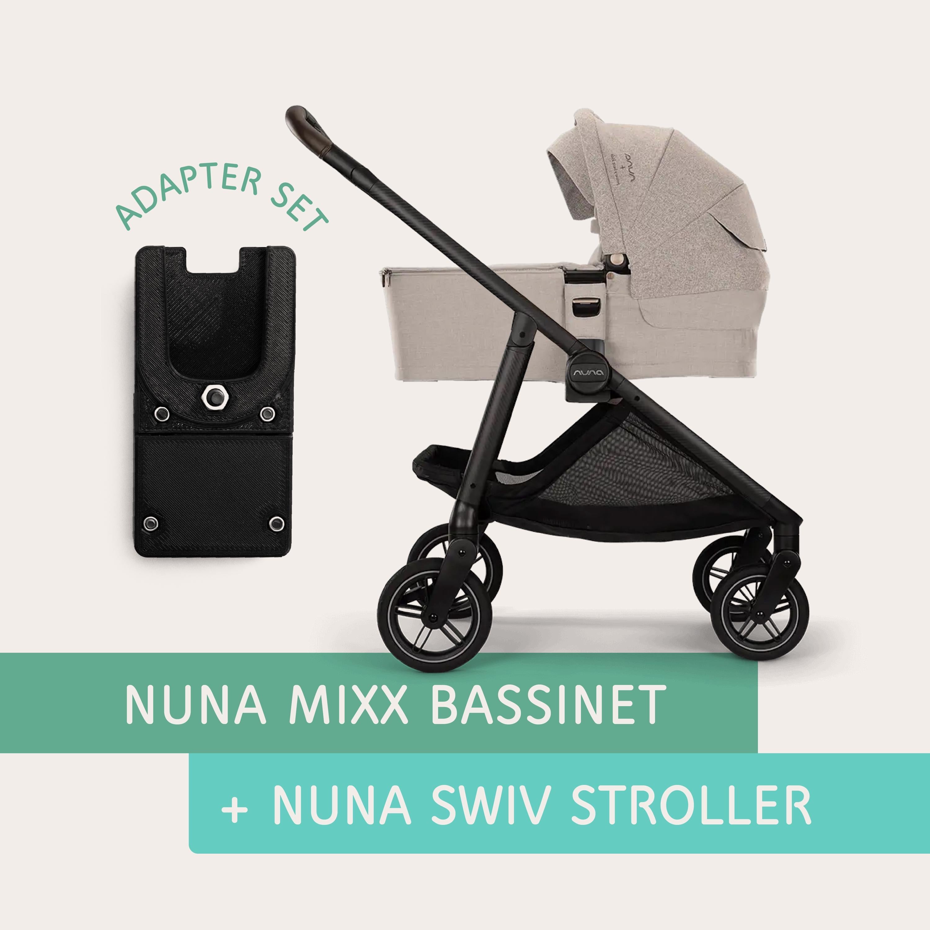 Nuna MIXX bassinet connected to Nuna SWIV stroller using Vamos Baby adapter