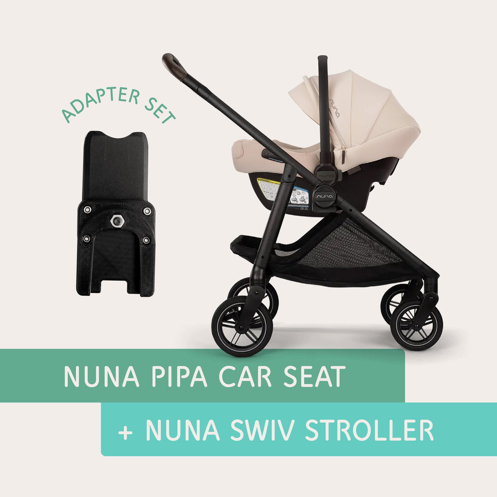 Nuna PIPA car seat connected to Nuna SWIV stroller using Vamos Baby adapter