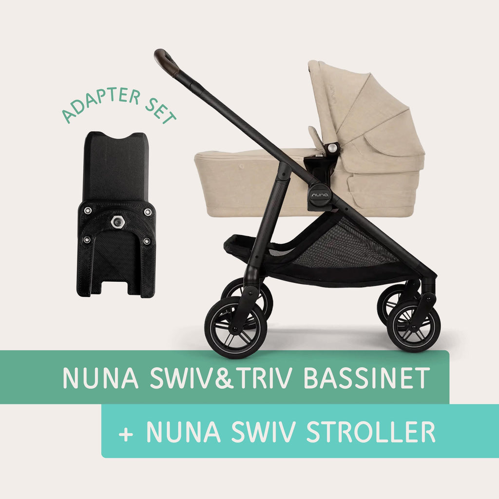 Nuna  SWIV & TRIV bassinet connected to Nuna SWIV stroller using Vamos Baby adapter
