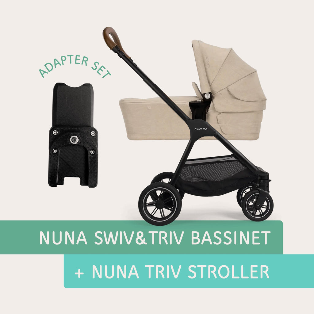 Nuna SWIV & TRIV bassinet connected to Nuna TRIV stroller using Vamos Baby adapter
