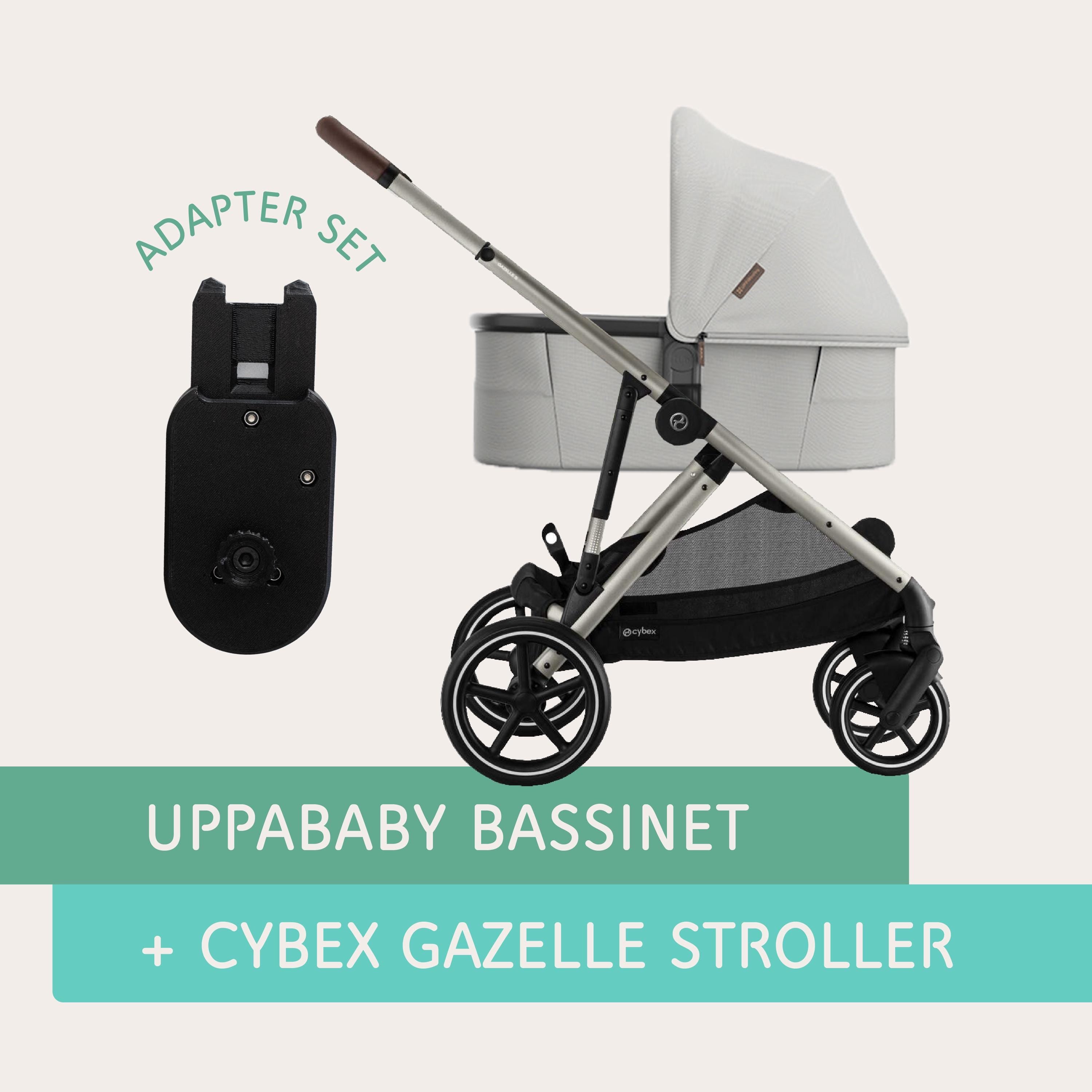 UPPAbaby bassinet connected to the CYBEX Gazelle stroller using Vamos Baby adapter