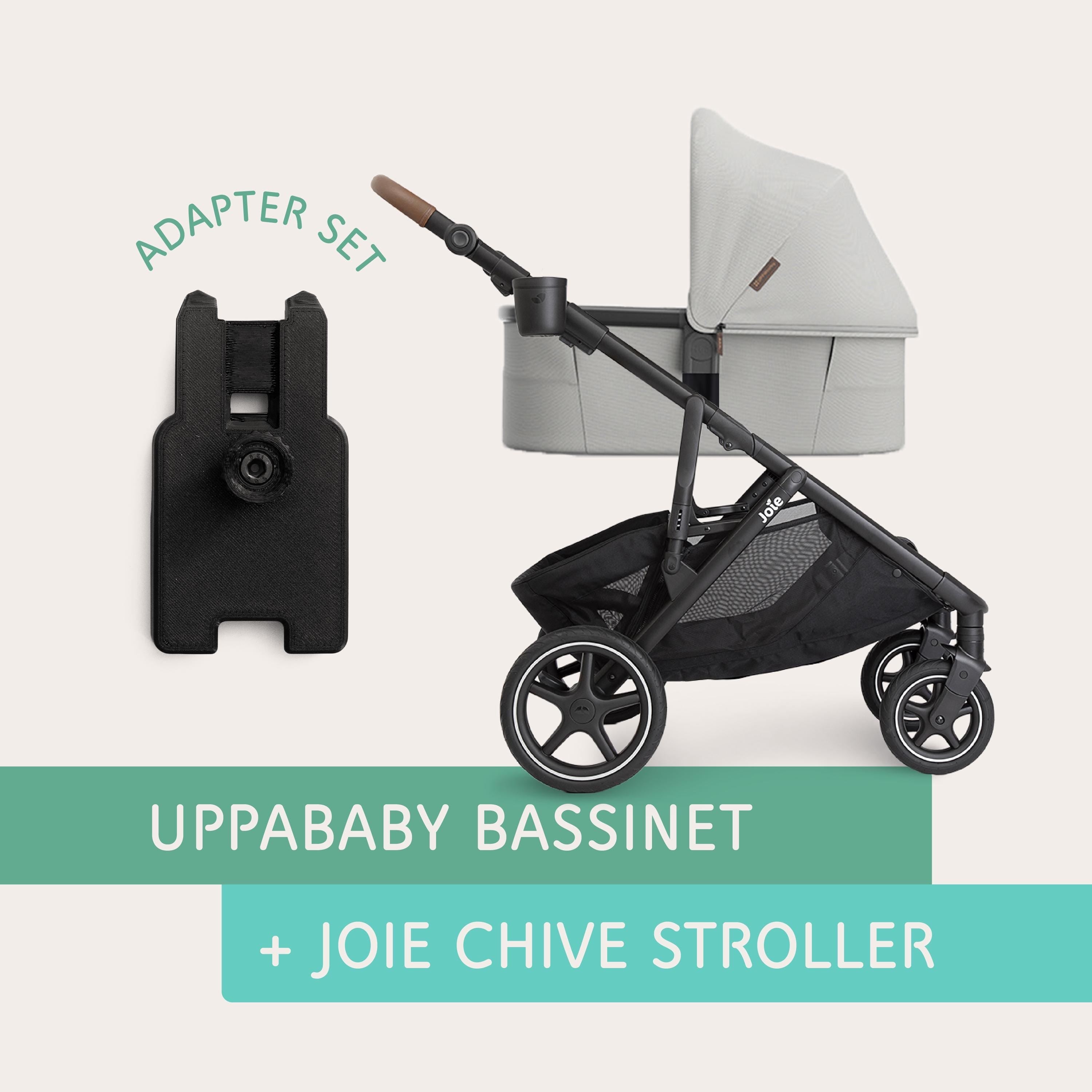 UPPAbaby bassinet connected to the Joie CHIVE stroller using Vamos Baby adapter