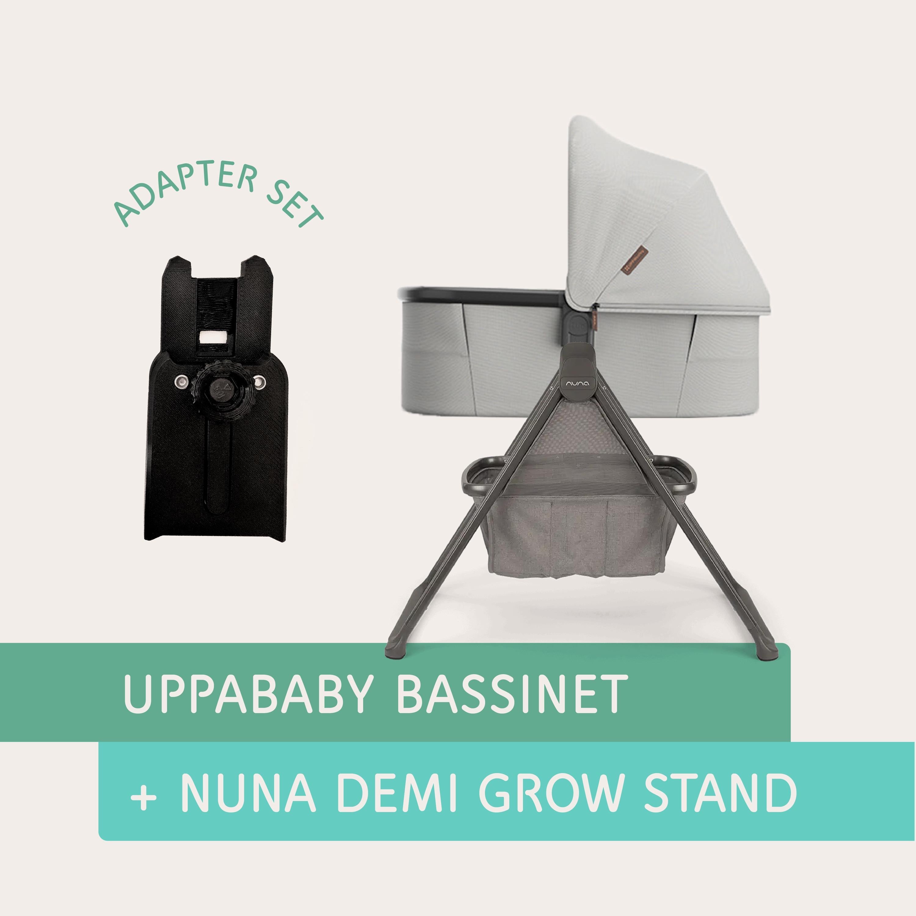 UPPAbaby bassinet connected to the Nuna DEMI grow stand using Vamos Baby adapter
