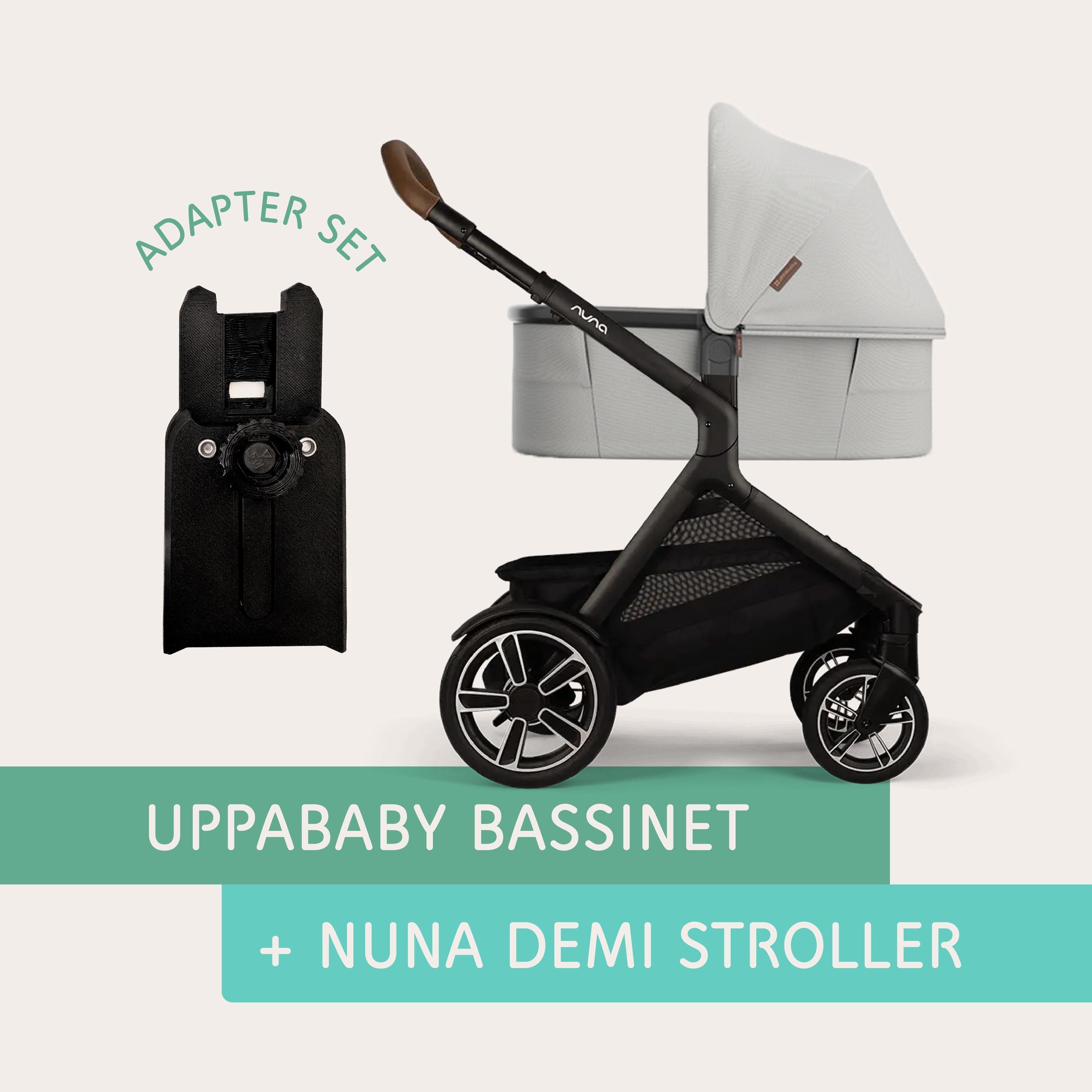 UPPAbaby bassinet connected to the Nuna DEMI stroller using Vamos Baby adapter
