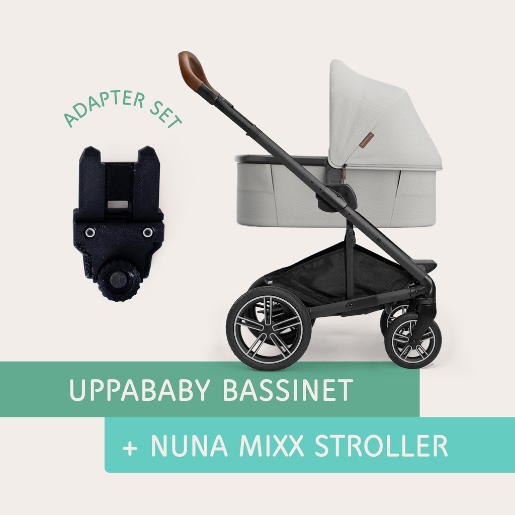 UPPAbaby bassinet connected to the Nuna MIXX stroller using Vamos Baby adapter
