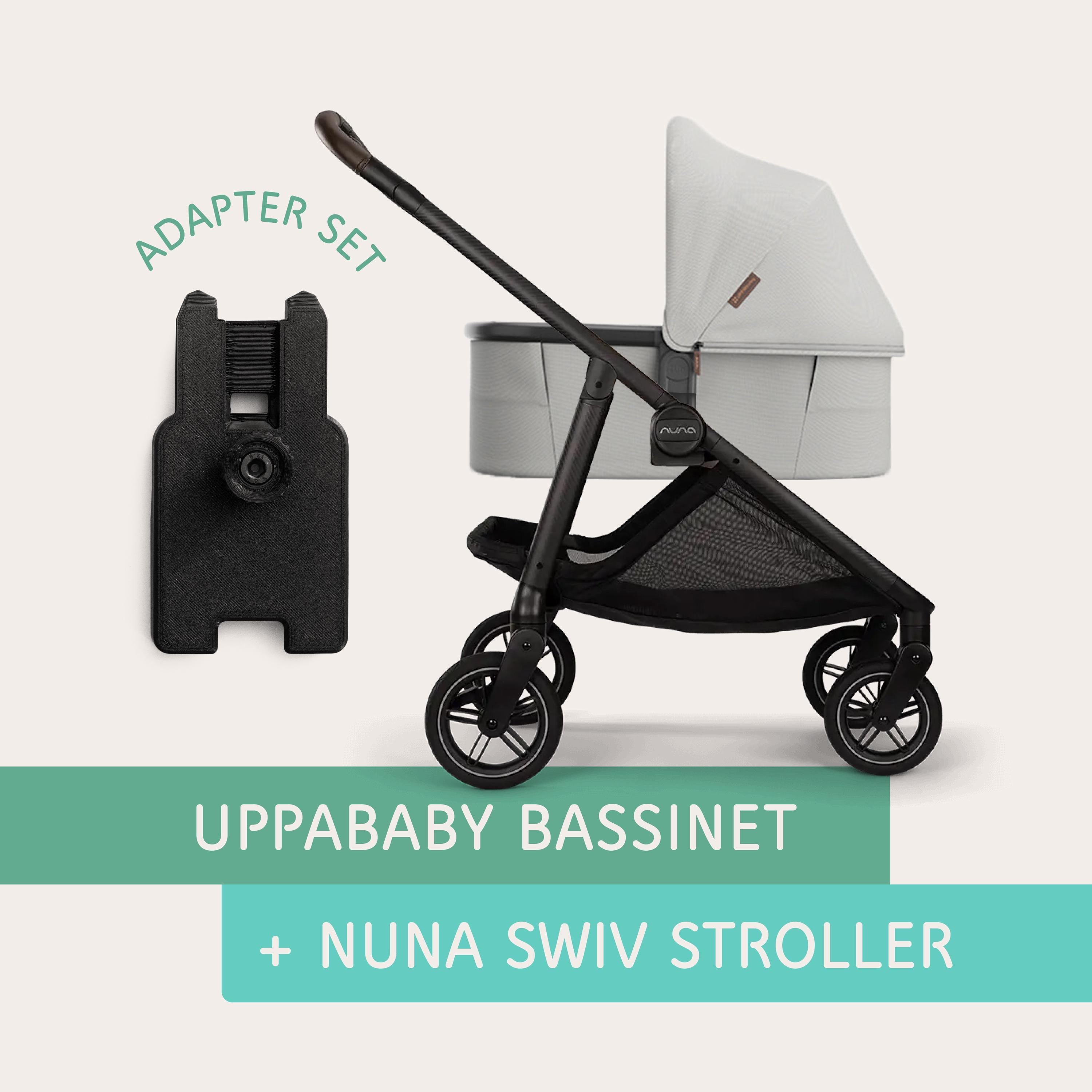 UPPAbaby bassinet connected to the Nuna SWIV stroller using Vamos Baby adapter
