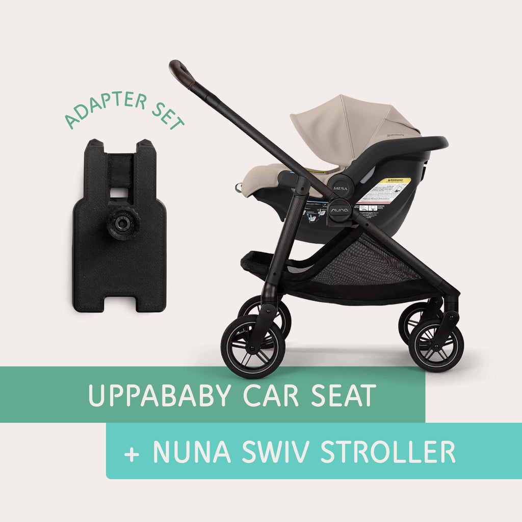 UPPAbaby car seat connected to the Nuna SWIV stroller using Vamos Baby adapter